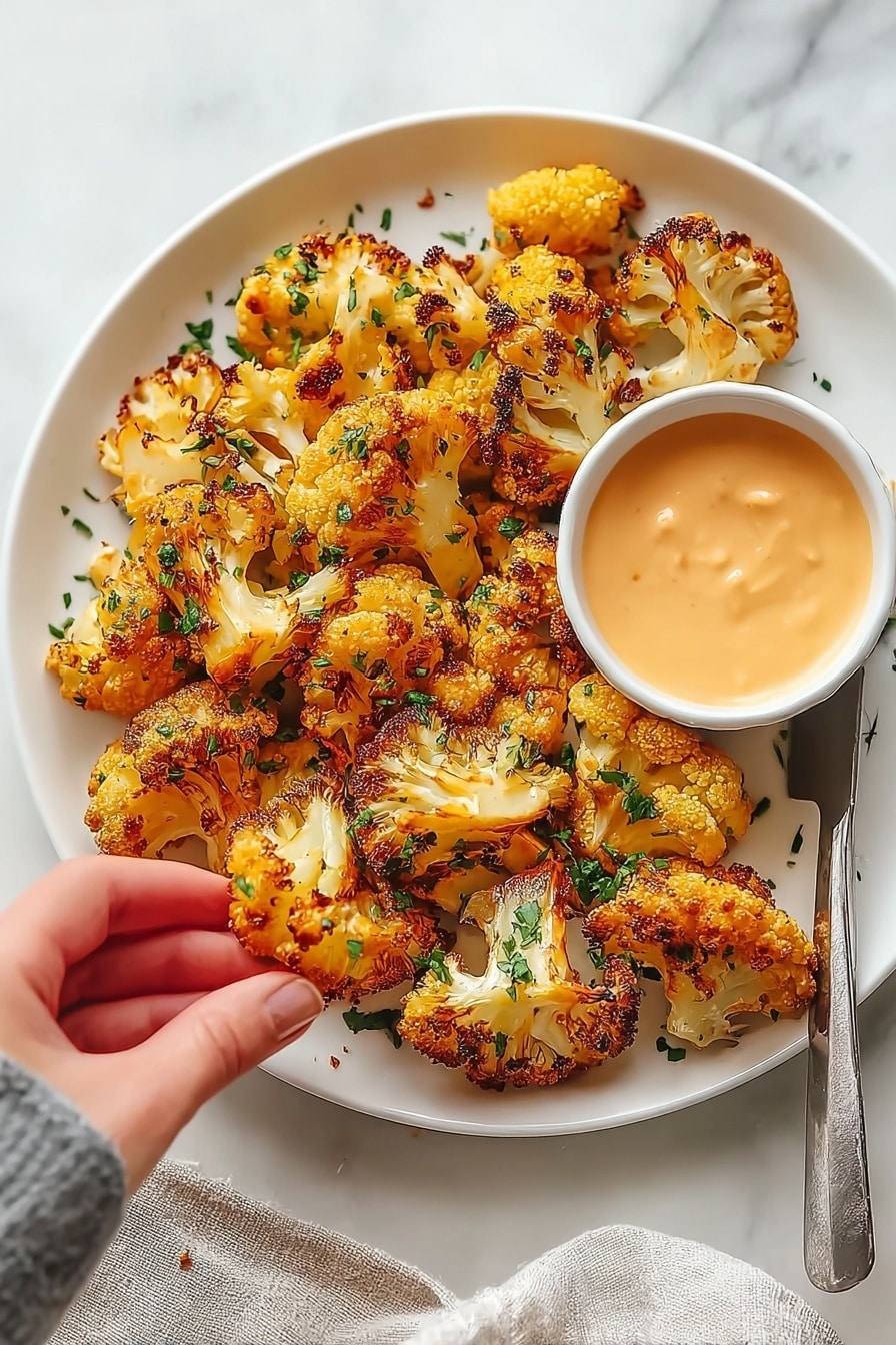 A white plate holds many golden-brown roasted cauliflower pieces with slightly charred edges, sprinkled with green herbs, giving a fresh touch. The cauliflower pieces show a mix of crispy orange and yellow shades, with some drizzles of sauce adding bright orange highlights on top. On the right side of the plate, there is a small white bowl filled with creamy, light orange dipping sauce. A woman's hand is dipping a piece of cauliflower into the sauce. A silver knife lies on the plate's edge, and the plate sits on a white marbled surface with a light-colored cloth napkin nearby. photo taken with an iphone --ar 2:3 --v 7 - Crispy Air Fryer Cauliflower Without Breading, healthy cauliflower snacks, low-carb air fryer vegetables, easy air fryer cauliflower, crispy cauliflower side dish