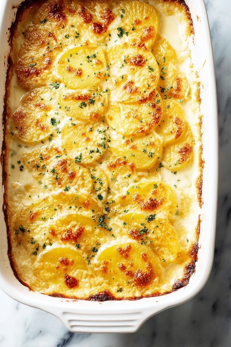 A white rectangular baking dish filled with several thin layers of sliced golden-yellow potatoes arranged in neat overlapping rows, covered by creamy, slightly browned melted cheese that forms a bubbly, textured top layer with scattered small green herb pieces sprinkled over it. The dish has golden brown spots where the cheese is toasted at the edges, adding a crispy texture, while the creamy sauce peeks through the potato layers below. The dish sits on a white marbled surface. Photo taken with an iphone --ar 2:3 --v 7 - Easy Cheesy Scalloped Potatoes, cheesy scalloped potatoes, creamy scalloped potatoes, potato casserole with cheese, easy comfort food recipes