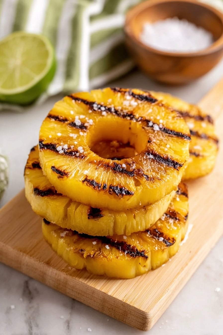 The image shows four grilled pineapple rings stacked on a light wooden board resting on a white marbled surface. Each pineapple ring is bright yellow with dark brown grill marks across the surface, showing a slightly caramelized texture. The rings are sprinkled with coarse salt that adds a rough texture on top. In the blurred background, there is a small wooden bowl filled with salt and a half lime, along with a green and white striped cloth visible on the left side. The overall look is fresh and grilled with a nice contrast between the yellow pineapples and the dark grill lines. Photo taken with an iphone --ar 2:3 --v 7 - Grilled Pineapple with Lime and Coconut, tropical grilled pineapple recipe, easy grilled pineapple dessert, citrus coconut fruit grill, quick summer pineapple treat