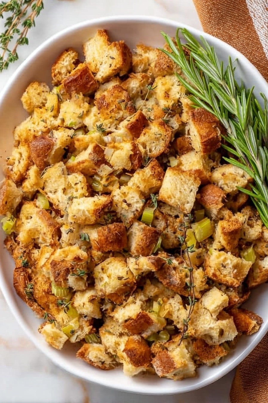 A white bowl filled with a layered dish of toasted bread pieces in golden brown and light tan shades, mixed with small pieces of celery and herbs under and within the bread chunks. On the right side of the bowl, three bright green sprigs of fresh rosemary and thyme lay over the bread, adding a fresh touch. The bowl sits on a white marbled surface with a brown and white striped cloth visible at the top right edge. The lighting highlights the crunchy texture of the toasted bread pieces. photo taken with an iphone --ar 2:3 --v 7 - Grandma's Thanksgiving Turkey Stuffing, classic stuffing recipe, holiday stuffing, homemade stuffing, Thanksgiving side dish