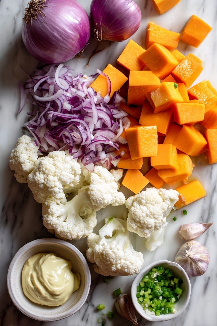 Flat lay of vibrant butternut squash cubes with a warm orange hue, tender white cauliflower florets, thinly sliced deep purple red onions, and bright green chopped scallions, alongside a small heap of creamy pale yellow mustard and a dollop of smooth white mayonnaise, and a few cloves of fresh garlic, all beautifully arranged in natural light, placed on a white marble surface, photo taken with an iphone --ar 2:3 --v 7 - Roasted Butternut Squash Cauliflower Salad, healthy fall vegetable salad, easy roasted vegetable salad, nutritious vegetarian salad, warm and cold roasted veggie salad