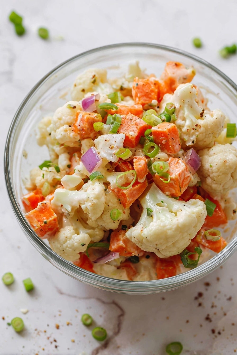 A glass bowl filled with a salad showing three main layers: large creamy white cauliflower florets, bright orange carrot pieces cut into small cubes, and chopped green onions sprinkled on top. There are also small bits of purple onion mixed through the salad. A creamy dressing lightly coats the vegetables, giving them a slightly shiny look. The bowl sits on a white marbled surface with scattered green onion pieces and specks of seasoning around it. Photo taken with an iphone --ar 2:3 --v 7 - Roasted Butternut Squash Cauliflower Salad, healthy fall vegetable salad, easy roasted vegetable salad, nutritious vegetarian salad, warm and cold roasted veggie salad