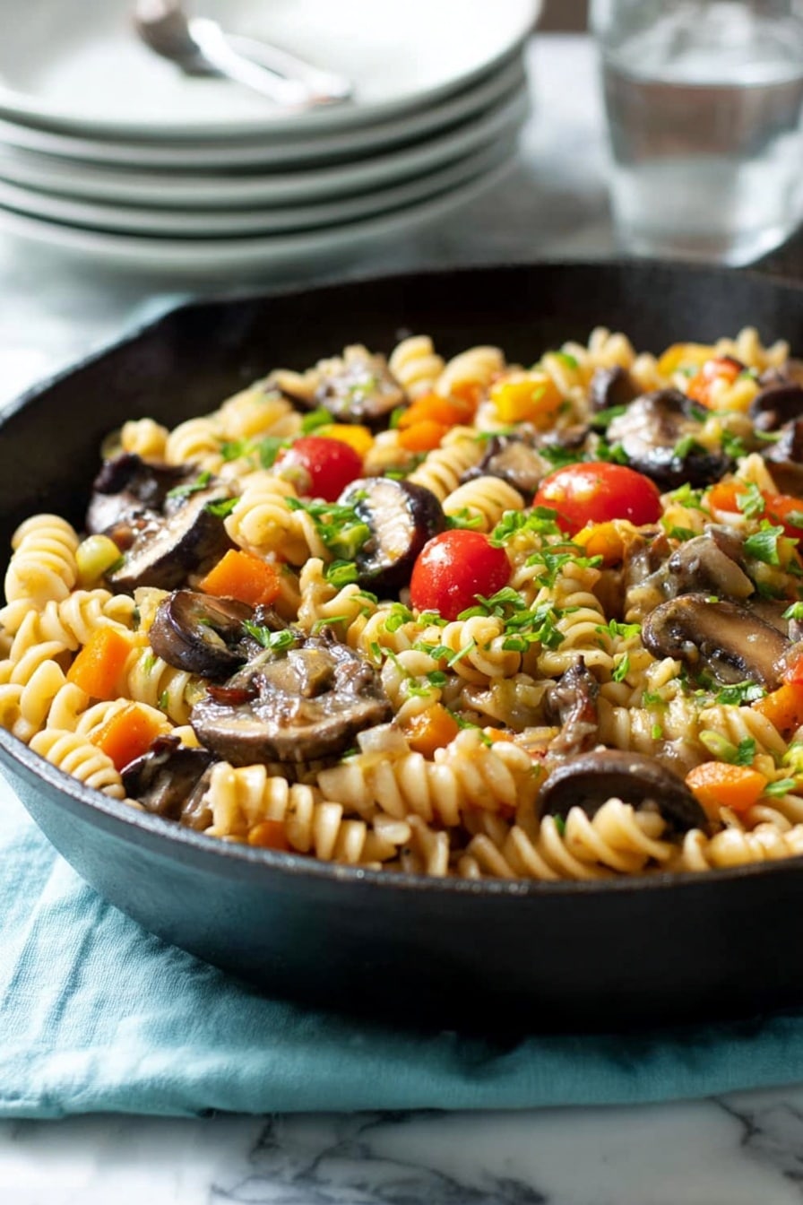 The image shows a close-up of a black cast iron pan filled with pasta and vegetables. The dish has three main layers: the bottom layer is made of light yellow spiral pasta, the middle layer has slices of cooked mushrooms and small orange cubes of vegetables, and the top layer is scattered with bright green chopped herbs and a few red cherry tomatoes. The pan sits on a light blue cloth on a white marbled surface, and in the background, there are stacked white plates blurred out. The photo is taken with an iphone --ar 2:3 --v 7 - Fusilli with Mushroom and Roasted Butternut Squash, autumn pasta dish, healthy mushroom and butternut squash pasta, wholesome fusilli with roasted squash, vegetarian fall pasta