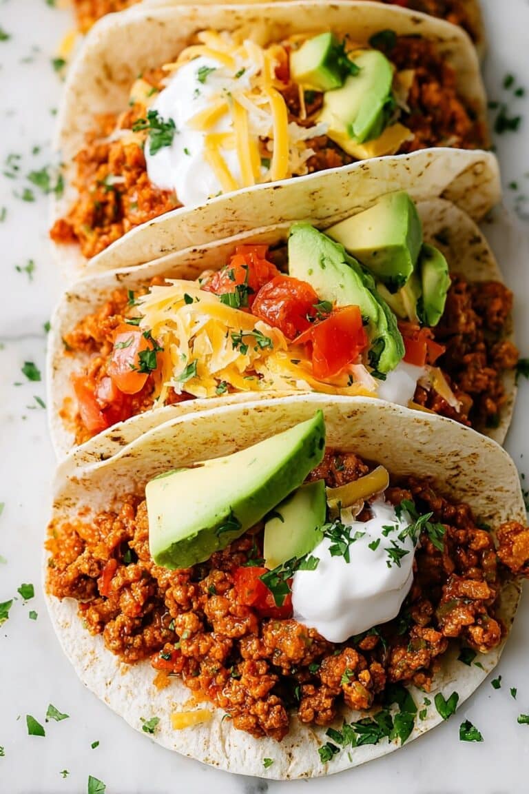 Ground Turkey Tacos with Tomato Sauce and Fresh Toppings Recipe