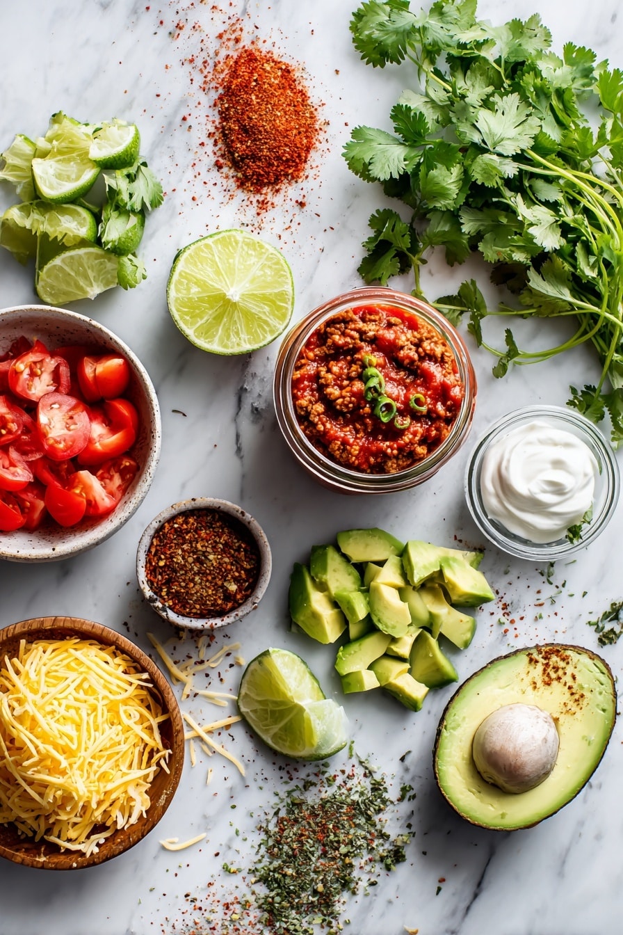 Flat lay of ground turkey, vibrant tomato sauce in a small jar, bright green avocado slices, diced red tomatoes, creamy sour cream dollops, fresh chopped cilantro sprigs, zesty lime wedges, and shredded yellow cheese beautifully arranged with a sprinkle of chili powder and dried oregano scattered artistically, placed on a white marble surface, photo taken with an iphone --ar 2:3 --v 7 - Ground Turkey Tacos with Tomato Sauce and Fresh Toppings, healthy turkey taco recipes, quick weeknight tacos, easy ground turkey dinner, flavorful taco ideas