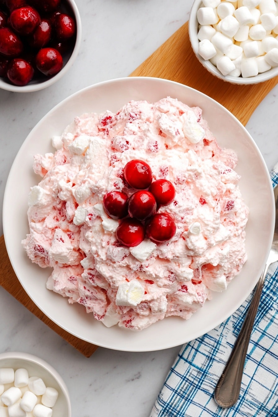 A white plate sits on a white marbled surface with a light wood board beneath it. On the plate is a creamy, pink mix of small marshmallows and fruit pieces, giving a soft and fluffy texture. The dish has an uneven surface with a mix of white and pink shades from the blending of ingredients. On the top center, there is a small pile of whole and sliced red cherries adding a bright and shiny contrast to the dish. Nearby, there is a white bowl filled with red cherries and another bowl with small white marshmallows. A silver spoon rests on the right edge of the plate and a blue and white checked cloth lies underneath part of the plate. photo taken with an iphone --ar 2:3 --v 7 - Cranberry Fluff, Cranberry Fluff dessert, holiday cranberry salad, creamy cranberry fluff, easy cranberry fluff recipe