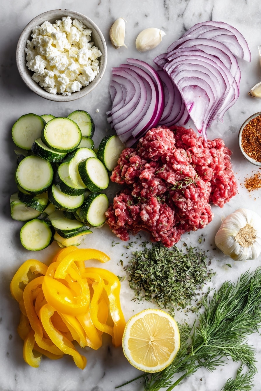 Flat lay of fresh ground beef, thinly sliced red onion, vibrant red bell pepper slices, bright green zucchini half-moons, minced garlic cloves, fresh green oregano and dill sprigs, crumbled white feta cheese, scattered smoked paprika and ground cumin spices, and a halved lemon, all beautifully arranged and placed on a white marble surface, photo taken with an iphone --ar 2:3 --v 7 - Mediterranean Beef and Veggie Skillet, Mediterranean Beef and Veggie Skillet recipe, healthy beef skillet dinner, quick Mediterranean beef meal, one-pan beef vegetable dish