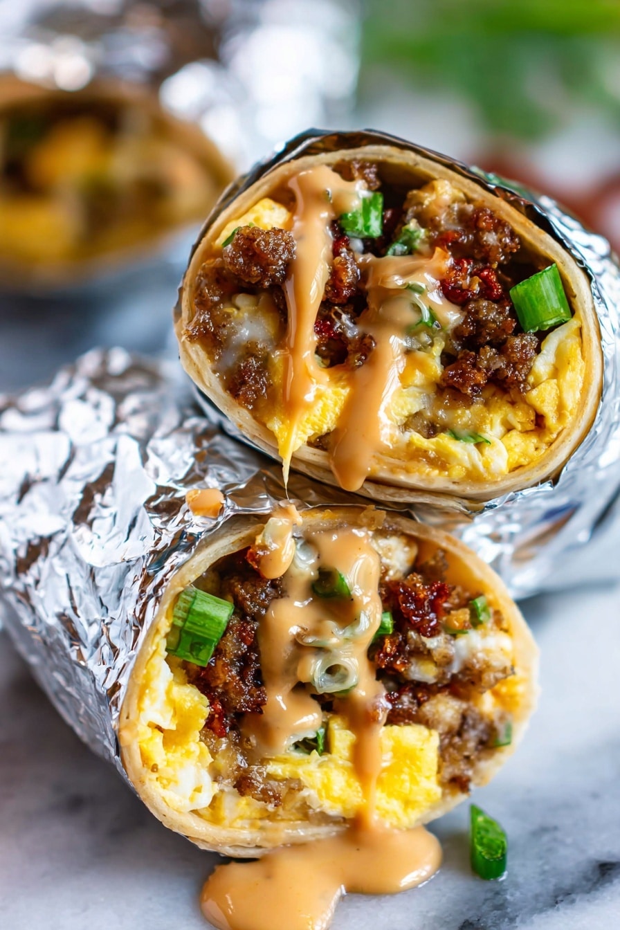 The image shows two breakfast burritos wrapped in shiny silver foil, each filled with several layers starting with a soft, light brown tortilla shell. Inside, there are visible layers of scrambled eggs that are yellow and fluffy, topped with small pieces of browned, crispy sausage and bits of green onions adding color. A creamy, light brown sauce is drizzled over the top, with some of it dripping down the sides onto the foil. The background features a soft blur with hints of green, all placed on a white marbled surface. Photo taken with an iphone --ar 2:3 --v 7 - The Only Breakfast Burrito Recipe You Need, Breakfast burrito ideas, Easy breakfast burritos, Make-ahead breakfast recipes, Hearty breakfast recipes