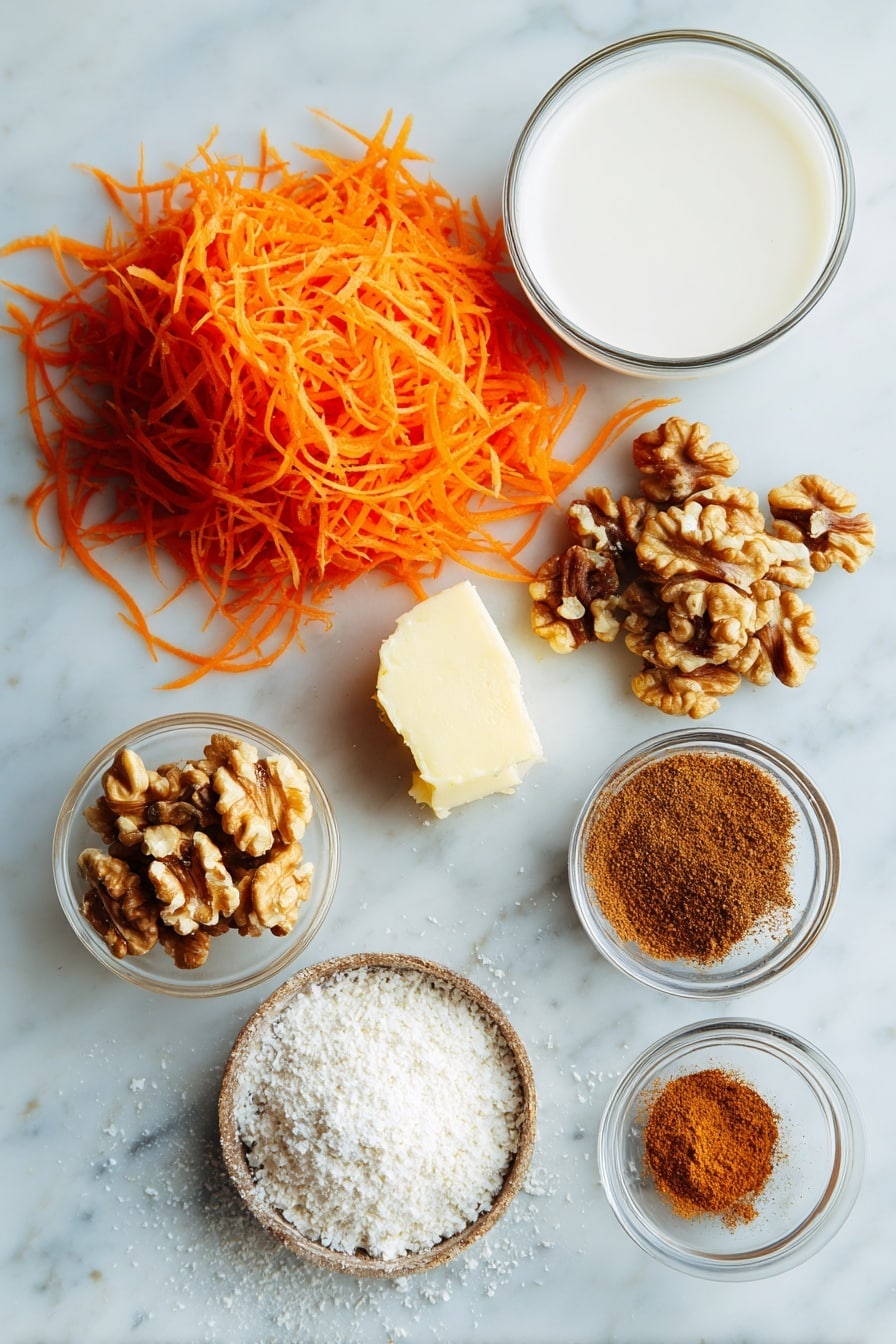 Flat lay of finely shredded bright orange carrots, chopped golden-brown walnuts, a small mound of ground cinnamon, nutmeg, and allspice powders in warm brown shades, a pat of cold butter with a slightly crumbly texture, a glass of creamy white heavy cream, and a small heap of powdered sugar, all beautifully arranged on a white marble surface, photo taken with an iphone --ar 2:3 --v 7 - Carrot Cake Scones with Cinnamon Glaze, easy carrot cake scones, flaky scones with cinnamon glaze, homemade carrot cake scones, spice-infused scone recipes