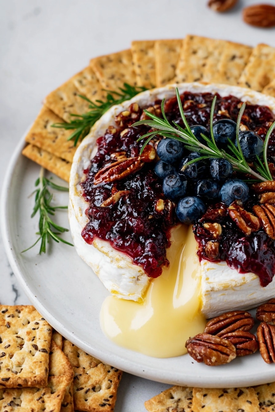 The image shows a white plate on a white marbled surface with a round baked cheese wheel at the center. The cheese has a smooth, creamy yellow layer oozing from the bottom, topped with a thick layer of white soft cheese. On top, there is a generous layer of dark red jam or sauce scattered with pecan nuts and fresh blueberries. Three small sprigs of green rosemary decorate the top. Around the cheese, on the edge of the plate, there are two types of crackers: light-colored square saltine crackers and darker, seed-filled rectangular crackers arranged in a semi-circle. A few pecans are scattered on the marbled surface near the plate. Photo taken with an iphone --ar 2:3 --v 7 - Baked Brie with Cranberries, Christmas appetizer, cranberry brie dip, holiday cheese platter, festive brie recipe