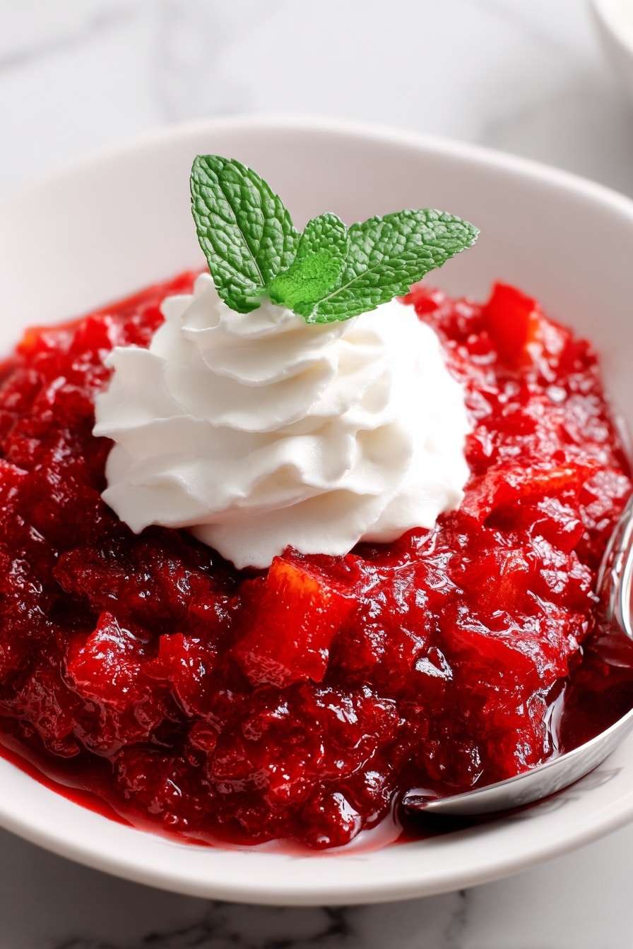 A white plate holds a bright red textured fruit compote with visible chunks of fruit giving it a slightly rough and juicy look. On top of the compote sits a small, smooth swirl of white whipped cream. A fresh green mint leaf is placed next to the whipped cream adding a pop of color. A shiny silver spoon rests on the edge of the plate. The background and surface are white with a marbled texture. photo taken with an iphone --ar 2:3 --v 7 - Cranberry Jello Salad, Cranberry Jello Salad Ingredients, Festive Cranberry Salad, Holiday Jello Salad, Easy Cranberry Salad