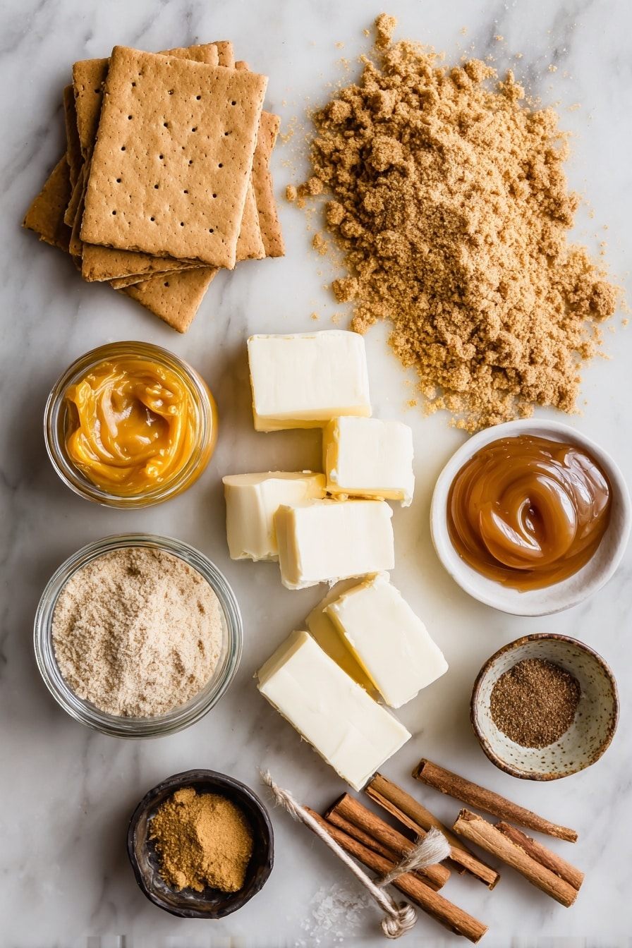 Flat lay of whole graham cracker sheets stacked neatly, golden pumpkin puree in a small glass jar, creamy blocks of cream cheese arranged in a row, a heap of light brown graham cracker crumbs sprinkled artistically, a small pile of warm brown sugar crystals, sticks of golden melted butter, aromatic ground cinnamon, nutmeg, and cloves in tiny rustic bowls, and a swirl of glossy caramel sauce pooling gently; all placed on a white marble surface, photo taken with an iphone --ar 2:3 --v 7 - Double Layer Pumpkin Cheesecake, pumpkin cheesecake with caramel, fall pumpkin dessert, layered pumpkin cheesecake recipe, easy pumpkin dessert