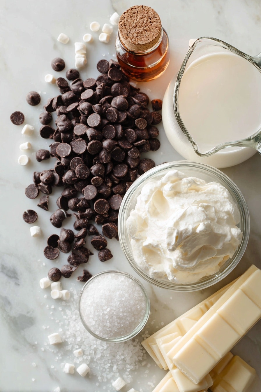 Flat lay of rich semi-sweet chocolate chips spilling slightly, soft golden butter sticks, a shiny glass measuring cup half filled with creamy evaporated milk, a smooth dollop of fluffy marshmallow cream in a small jar, a heap of sparkling white granulated sugar, and a small clear bottle of vanilla extract with a wooden cork stopper, all beautifully arranged with soft natural light enhancing their textures, placed on a white marble surface, photo taken with an iphone --ar 2:3 --v 7 - Mom’s Easy Fudge, easy chocolate fudge, homemade fudge recipe, quick fudge recipe, creamy fudge dessert
