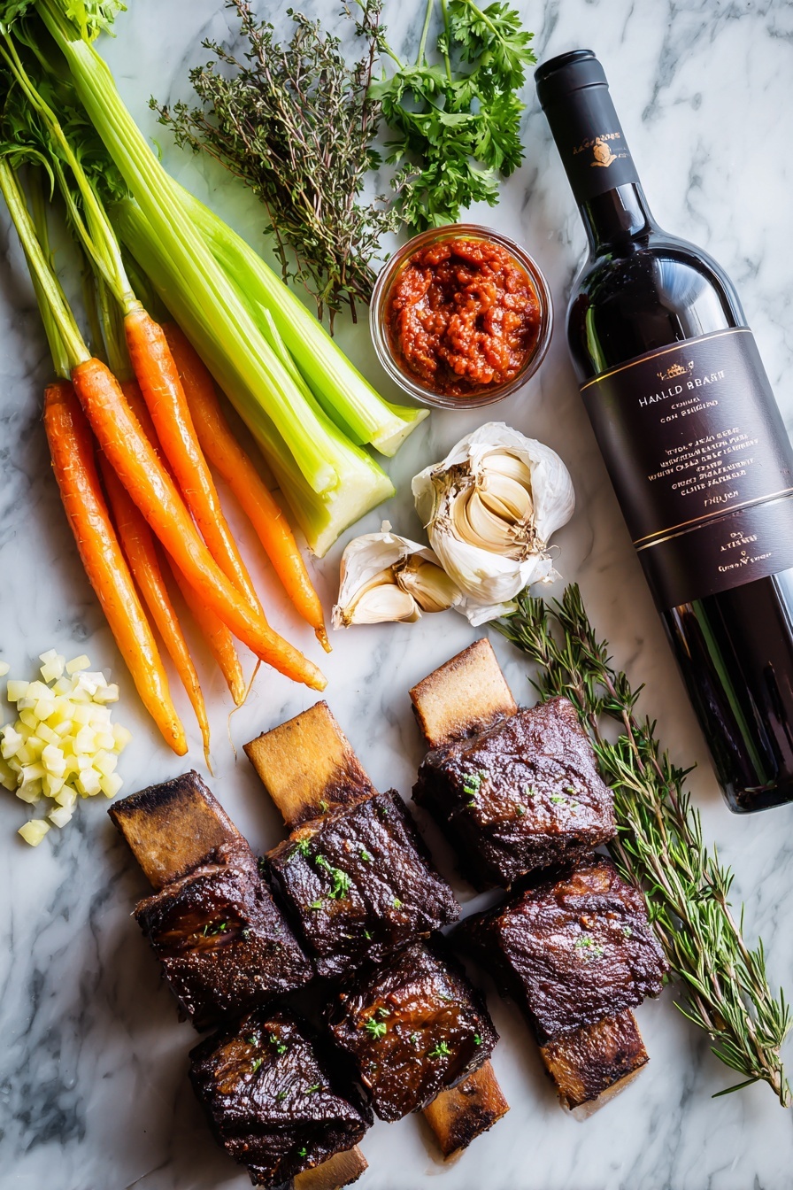 Braised Beef Short Ribs with Red Wine and Herb Gremolata Recipe 7 Flat lay of bone-in beef short ribs with rich marbling, whole peeled carrots cut into chunks, chopped celery stalks, roughly chopped onions, bright red tomato paste dollops, fresh sprigs of Italian parsley, thyme, rosemary, oregano, and halved garlic bulbs arranged beautifully, placed on a white marble surface, photo taken with an iphone --ar 2:3 --v 7 - Braised Beef Short Ribs with Red Wine and Herb Gremolata, beef short ribs recipe, red wine braised short ribs, herb gremolata recipe, hearty beef dinner